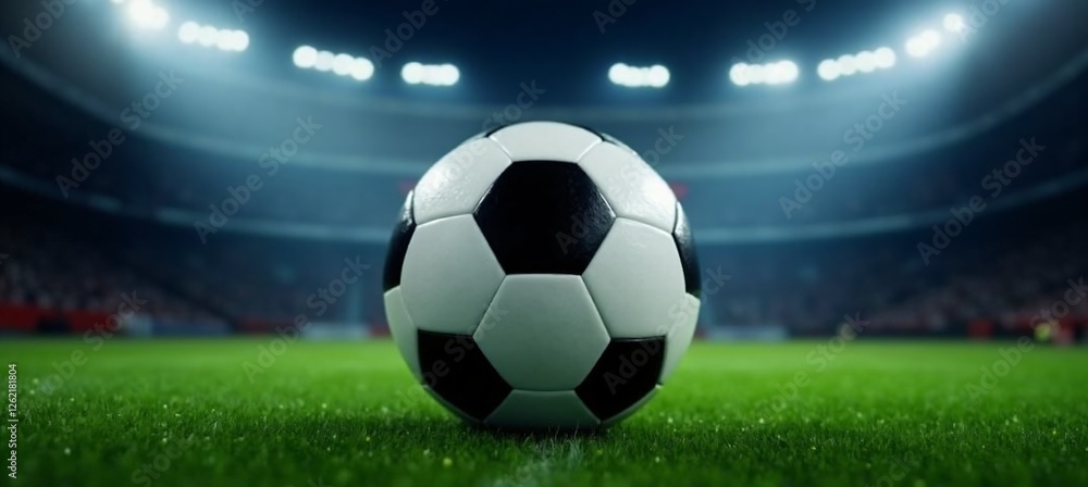 Naklejka premium Soccer ball on a green field in a brightly lit stadium at night