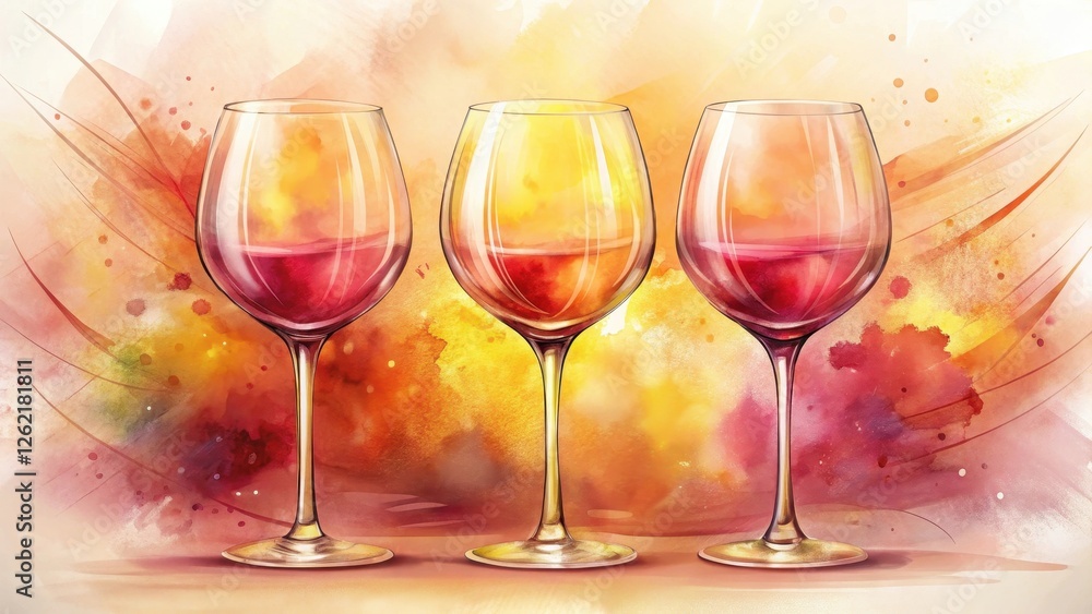 An Artistic Watercolor Depiction of Three Elegant Wine Glasses Filled with a Rich, Ruby-Colored Wine, Set Against a Vibrant Background of Warm Hues and Expressive Brushstrokes. An Artistic Watercolor Depiction of Three Elegant Wine Glasses Filled with a Rich, Ruby-Colored Wine, Set Against a Vibrant Background of Warm Hues and Expressive Brushstrokes.