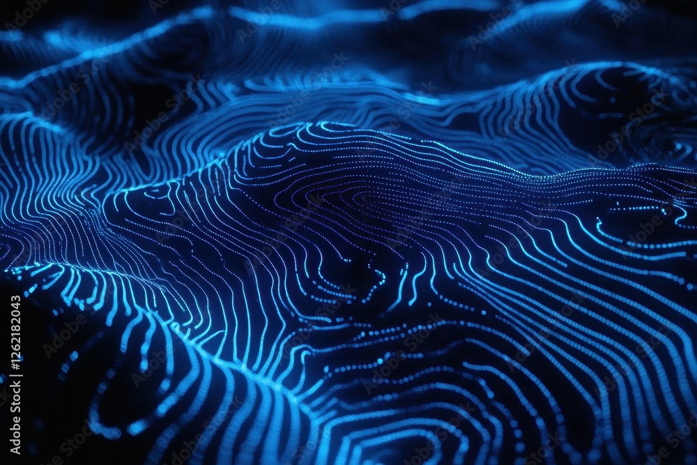 Glowing blue lines create intricate patterns in a digital landscape at night, Abstract of glowing blue lines forming intricate patterns over dark background Glowing blue lines create intricate patterns in a digital landscape at night, Abstract of glowing blue lines forming intricate patterns over dark background