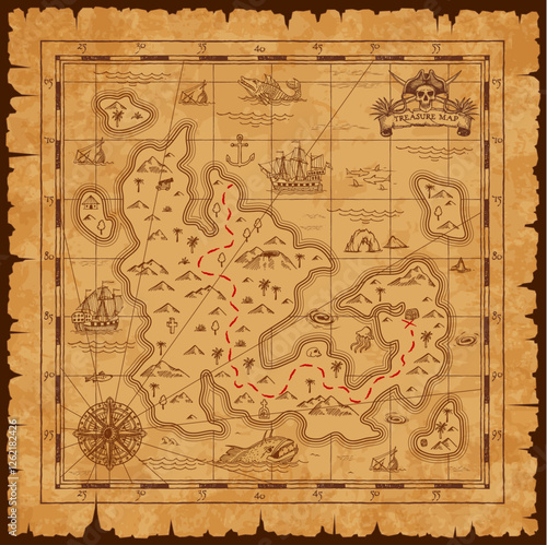 Vintage pirate treasure map. Vector worn parchment with ships, islands and land, wind rose and cardinal points. Fantasy world, grunge and torn paper, pirate map with travel locations and monsters