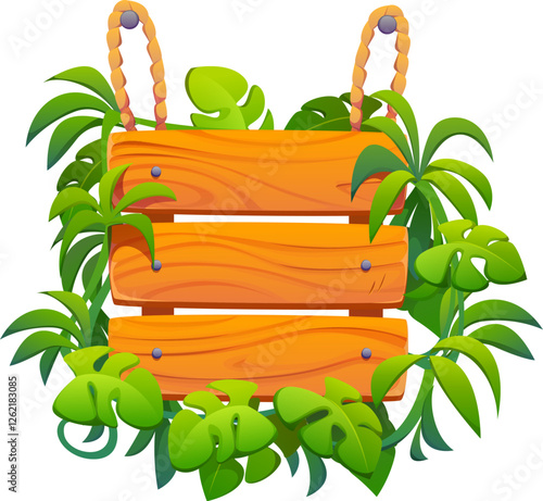 Wooden signboard with tropical leaves. Vector wood sign board with jungle monstera plants, beach pointer hanging on ropes. Game level menu banner, plank with greenery. Cartoon panel, timber billboard