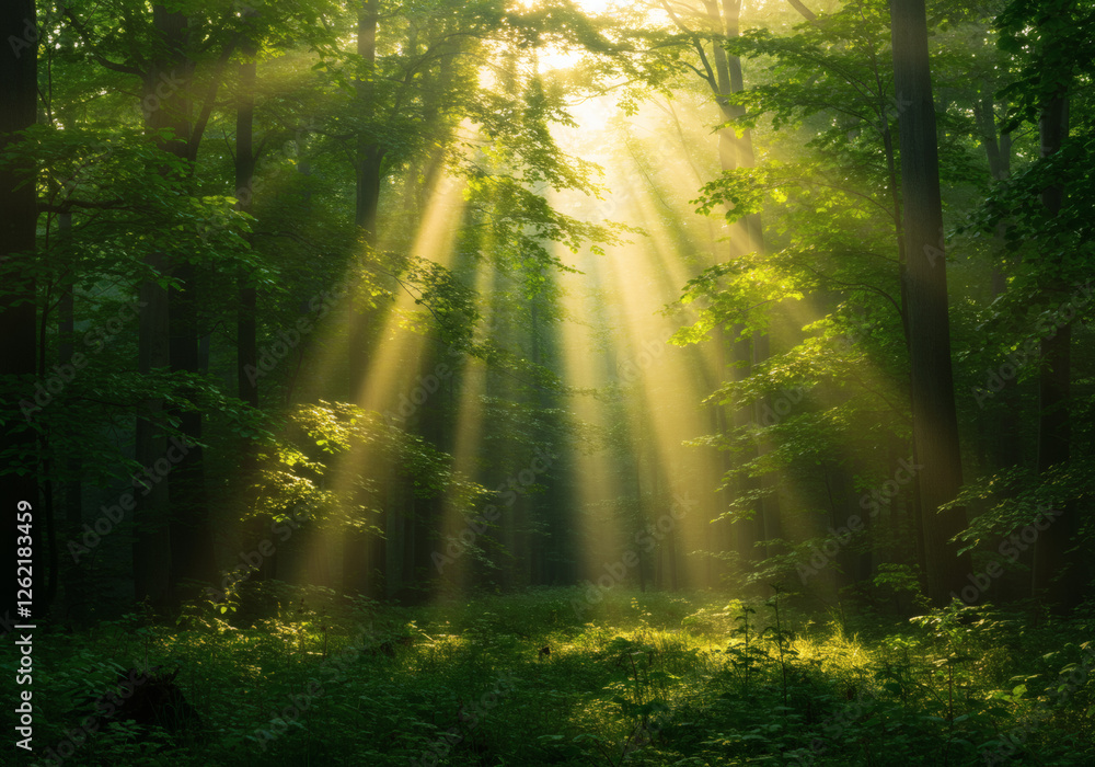 Obraz premium Sun rays shining through forest trees, Sunlight streaming through woods, Generative AI image