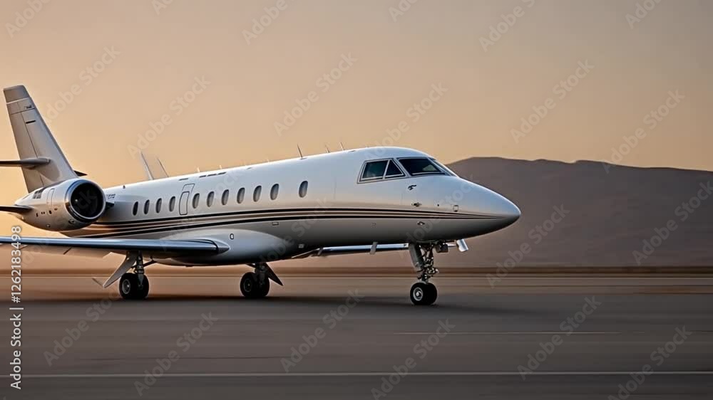 Private Jet at Sunset: A sleek, silver private jet sits on a tarmac at sunset, mountains in the background. The image evokes feelings of luxury, travel, and adventure. Private Jet at Sunset: A sleek, silver private jet sits on a tarmac at sunset, mountains in the background. The image evokes feelings of luxury, travel, and adventure.