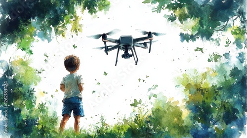 Child Watching Drone Fly Over Lush Forest Watercolor Style