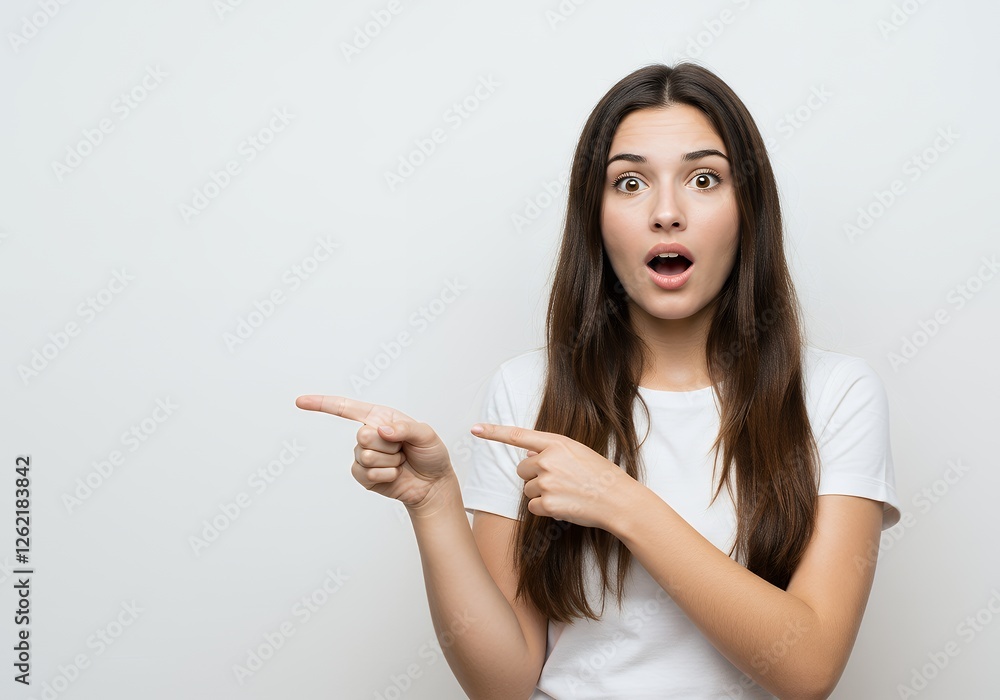 Surprised Woman Pointing to the Side Showing Promotion or Announcement Surprised Woman Pointing to the Side Showing Promotion or Announcement