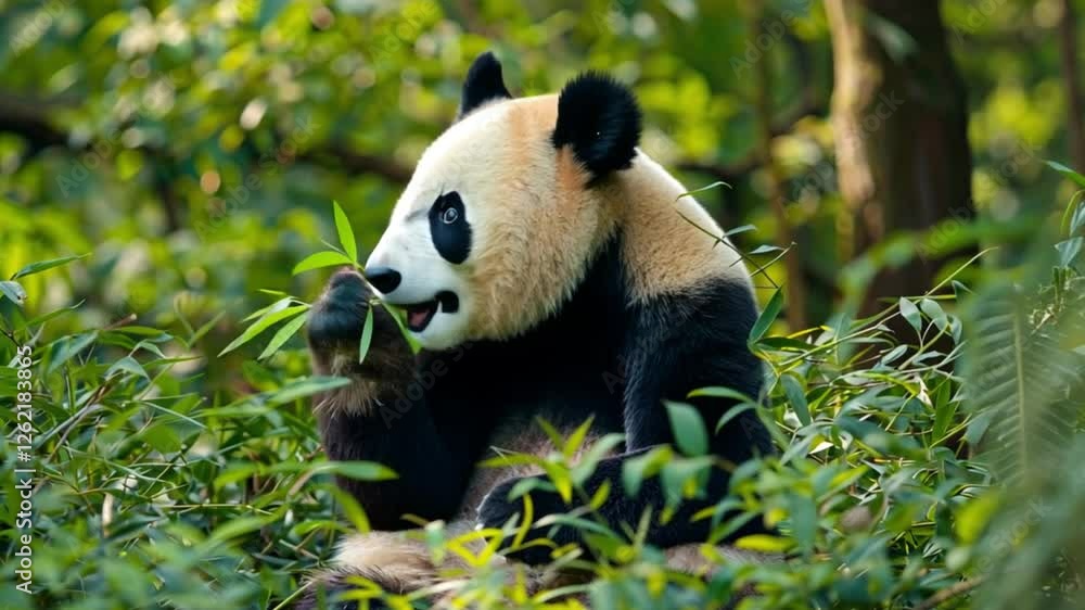 Adorable Panda Enjoying Bamboo Lunch in Lush Forest Adorable Panda Enjoying Bamboo Lunch in Lush Forest