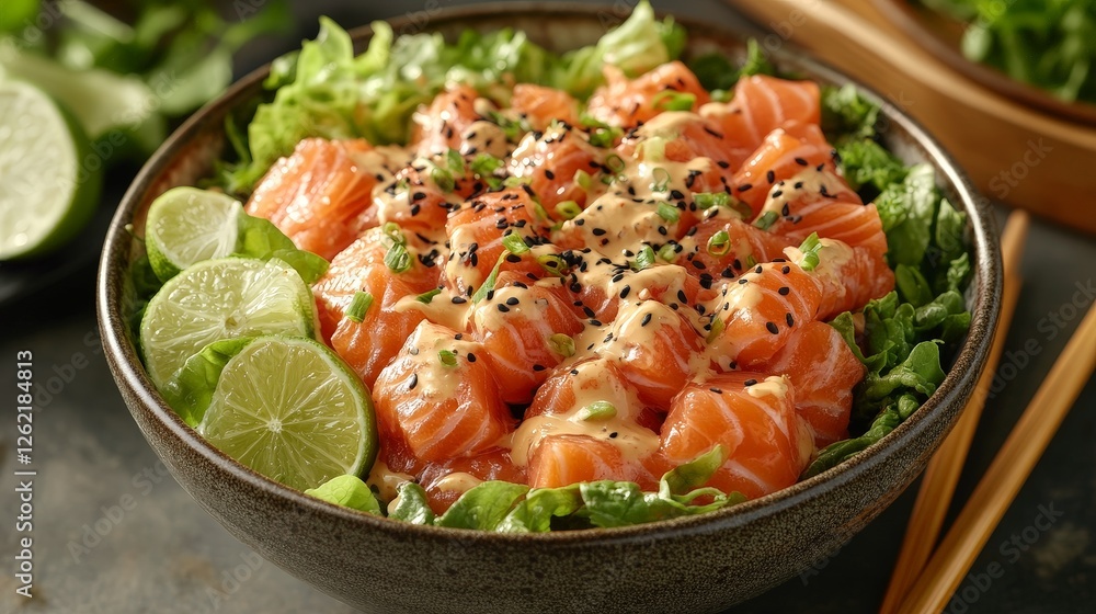 A vibrant bowl of salmon salad with lime, lettuce, and sesame seeds. A vibrant bowl of salmon salad with lime, lettuce, and sesame seeds.