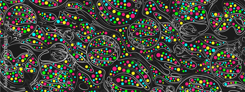 Abstract black background with colorful elements. Vector texture of chaotic waves, particles, circles. Information grid in neurographic style. Posters for presentations, business, technology, medicine