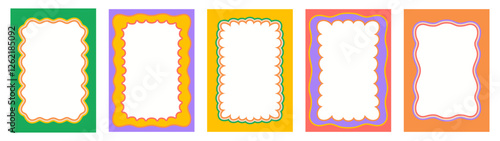 Retro color scallop wavy frames, y2k groovy funky borders. Vector set of rectangular templates with wavy edges in vibrant hues of green, purple, yellow, orange and pink for cards, invitations, posters