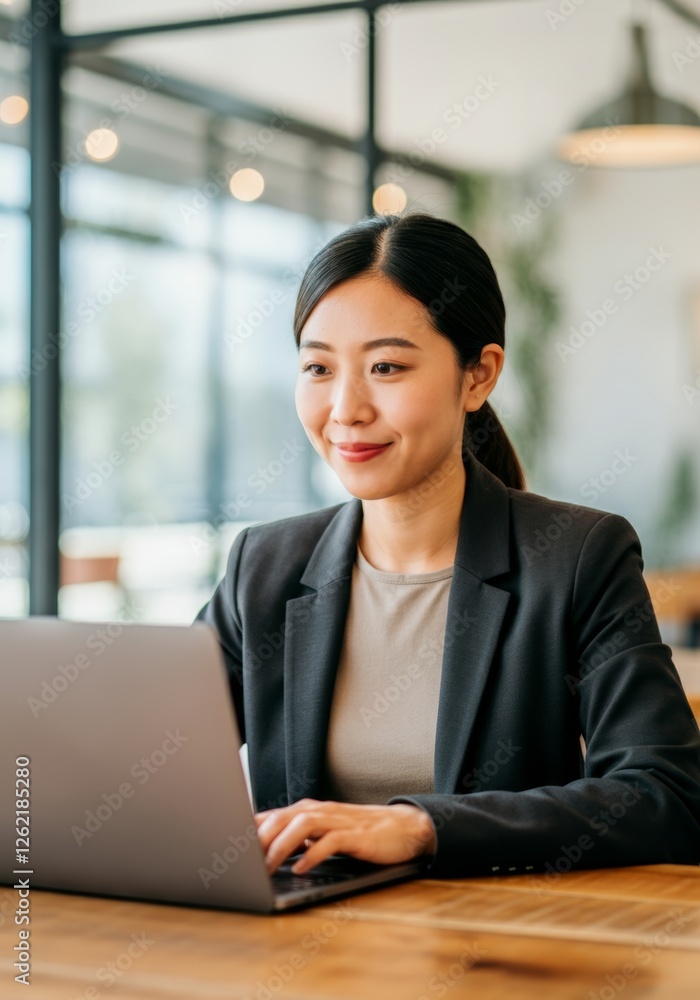 Businesswoman in modern office using laptop for work Businesswoman in modern office using laptop for work
