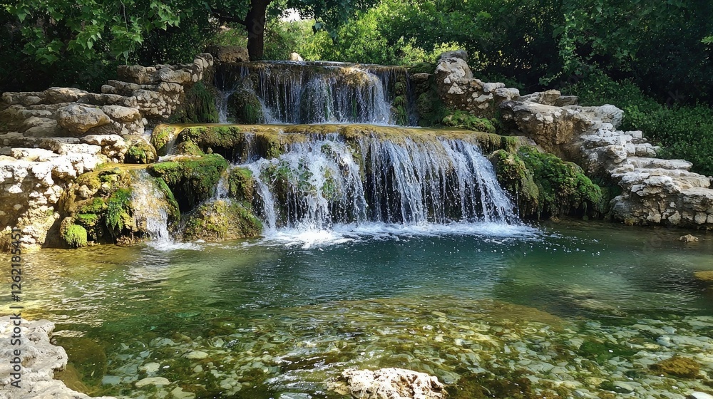 Obraz premium Majestic waterfall cascading into a crystal-clear pool surrounded by moss-covered rocks. A tranquil and refreshing natural paradise. Generative AI.
