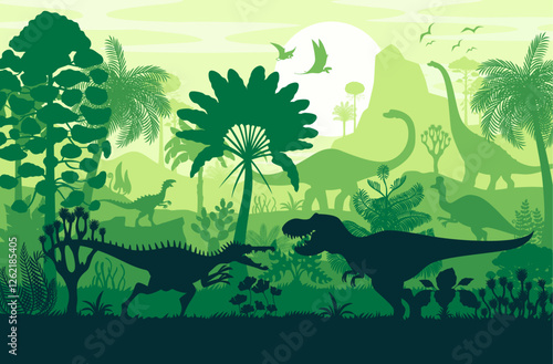 Dinosaur silhouettes in jungle forest, fighting of two dinos between trees. Vector prehistoric scene with shadows of predatory reptile animals battle, and flying pterosaurs against Jurassic backdropV