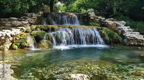 Majestic waterfall cascading into a crystal-clear pool surrounded by moss-covered rocks. A tranquil and refreshing natural paradise. Generative AI.