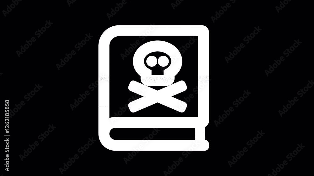 Icon book dead is distorted. Glitch. Noise, chromatic aberration, geometric distortion. Transparent background, looped. In-Out looped. Alpha BW at the end