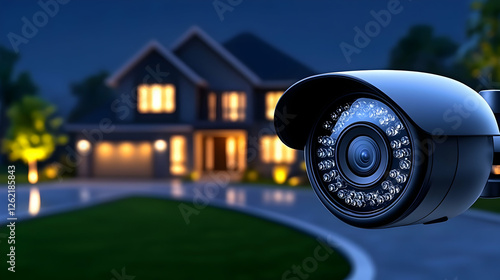home safety. Video surveillance camera installed on the wall of a nice house. Alarm concept, security camera, home and burglary