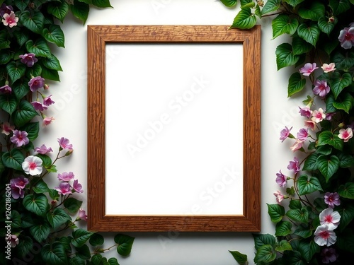 Generative A.I. crafts a rustic wooden frame adorned with lush green leaves and delicate pink blossoms, blending nature's charm with rustic artistry