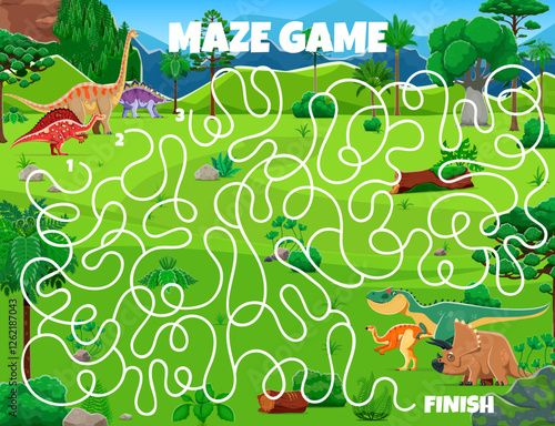 Kids labyrinth maze game with prehistoric dinosaurs. Vector worksheet riddle engage players to navigate dino animals through winding paths to reach finish among lush greenery, mountains and plantsV