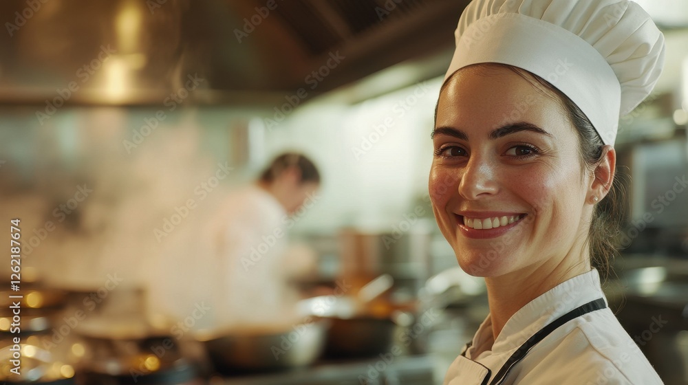 A joyful young European female chef smiles in a bustling restaurant kitchen, showcasing her passion for culinary arts and the vibrant atmosphere of food preparation. A joyful young European female chef smiles in a bustling restaurant kitchen, showcasing her passion for culinary arts and the vibrant atmosphere of food preparation.