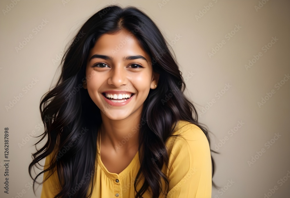 Studio portrait of an Indian girl with long hair and cheerful expression Studio portrait of an Indian girl with long hair and cheerful expression