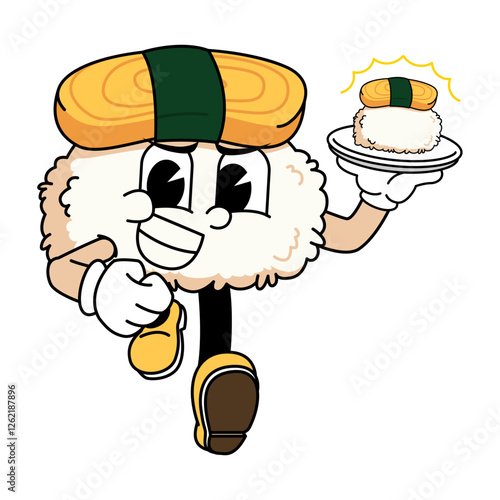 Retro sushi mascot logo, tamago sushi delivery