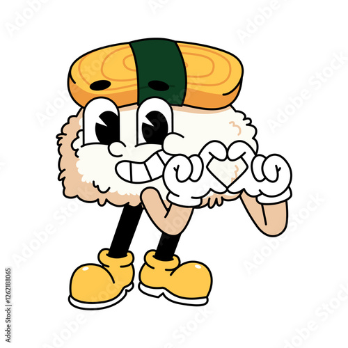Retro sushi mascot logo, tamago sushi love hand pose