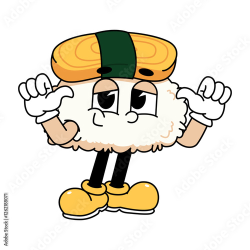 Retro sushi mascot logo, tamago sushi optimistic pose