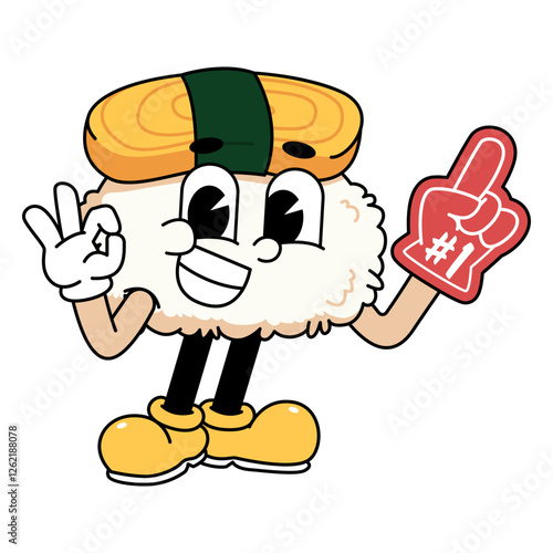 Retro sushi mascot logo, tamago sushi with Ok pose and wearing number one glove