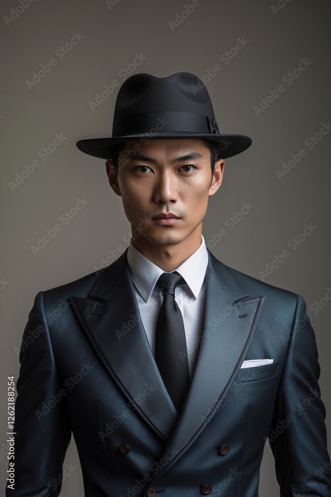 Captivating elegance and sophistication as a man in a tailored suit and stylish hat poses confidently against a plain backdrop, embodying timeless fashion in a modern setting Captivating elegance and sophistication as a man in a tailored suit and stylish hat poses confidently against a plain backdrop, embodying timeless fashion in a modern setting