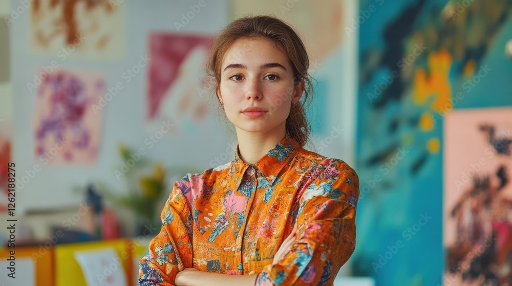 A portrait of a young European female showcasing her unique fashion style in a creative studio setting. Capturing the essence of modern design and artistry. A portrait of a young European female showcasing her unique fashion style in a creative studio setting. Capturing the essence of modern design and artistry.