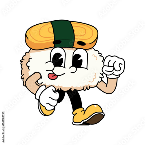 Retro sushi mascot logo, tamago sushi run