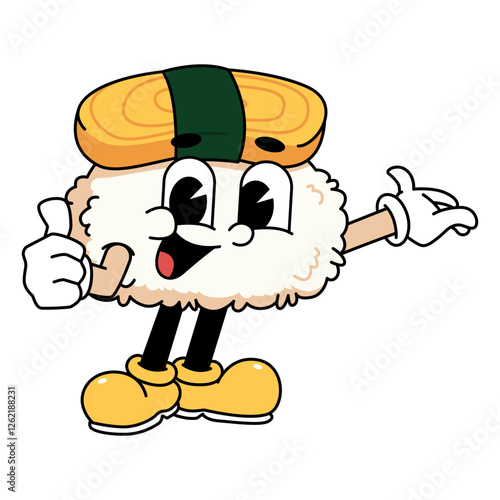 Retro sushi mascot logo, tamago sushi thumbs up pose