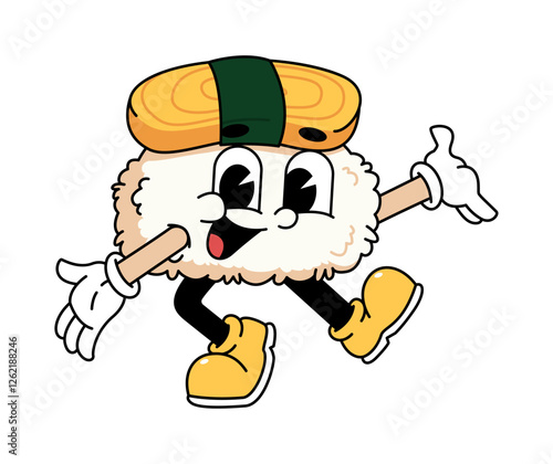 Retro sushi mascot logo, tamago sushi welcome pose