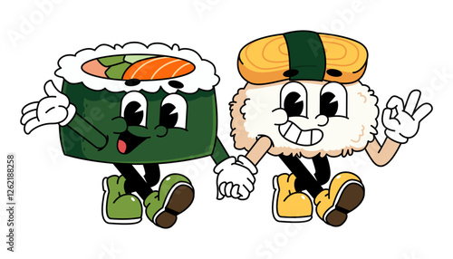 Retro sushi mascot logo, tamago sushi walk together with salmon sushi