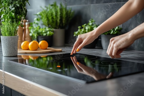 Woman using modern induction hob in the kitchen, setting heating power of the burner, touching screen and choosing option, Generative AI