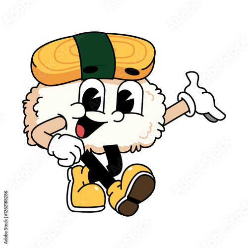 Retro sushi mascot logo, tamago sushi welcome pose