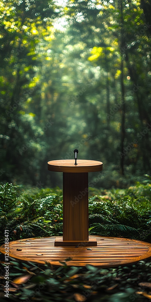 photo of a podium and microphone against a nature backdrop photo of a podium and microphone against a nature backdrop