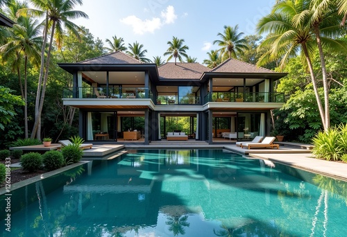 Wallpaper Mural Luxury Glass Bali Jungle Home: Infinity Pool, Palm Tree Views, Modern Architecture, Tropical Paradise, Modern Design, Jungle Retreat.

 Torontodigital.ca