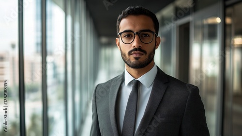 A young Middle Eastern man in a sleek suit and glasses stands confidently in a modern office setting, conveying professionalism and determination. photo