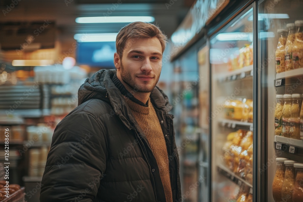 Handsome man doing shopping in supermarket, standing near fridge with dairy products, buying groceries in shop, Generative AI Handsome man doing shopping in supermarket, standing near fridge with dairy products, buying groceries in shop, Generative AI