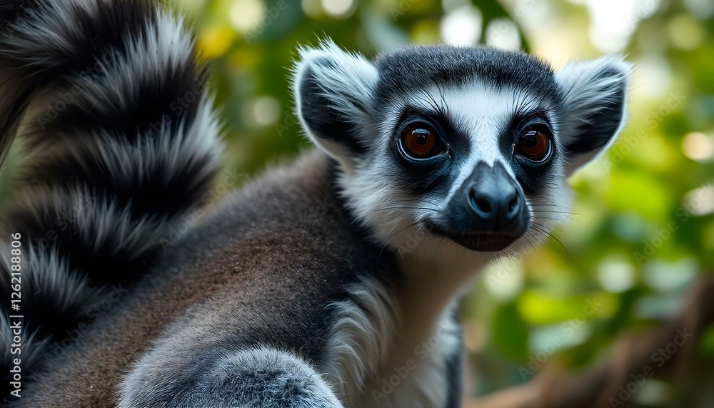 Obraz premium Detailed close up of a ring tailed lemur, emphasizing the contrast in his fur pattern, deep set eyes, and the sharp focus on his delicate facial features