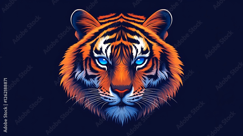 Fototapeta Majestic Tiger with Intense Blue Eyes on Dark Background, Striking Digital Illustration of a Powerful Predator


