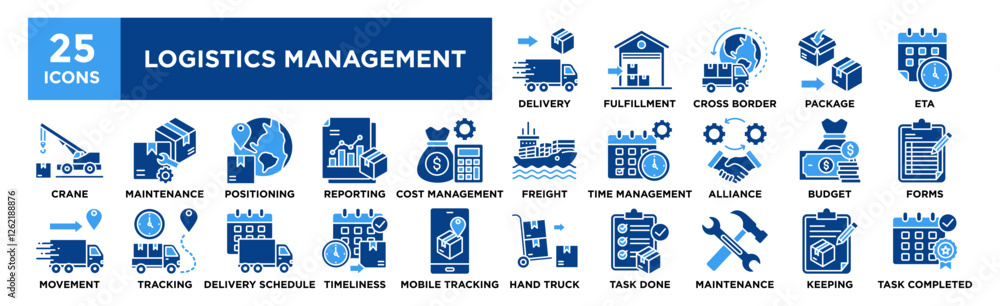 Logistics Management icon collection set. Containing design Delivery, Fulfillment, Cross border, Package, ETA	