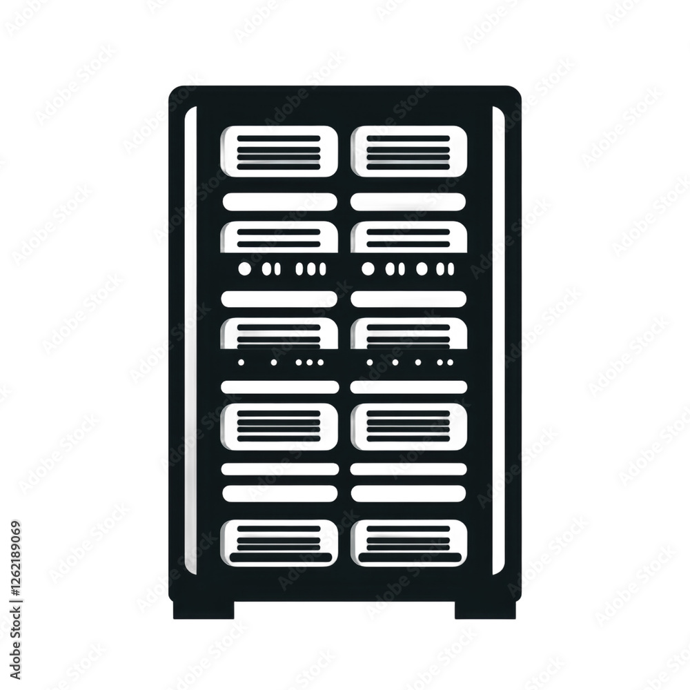 Illustration of a black server tower with many drive bays. Illustration of a black server tower with many drive bays.