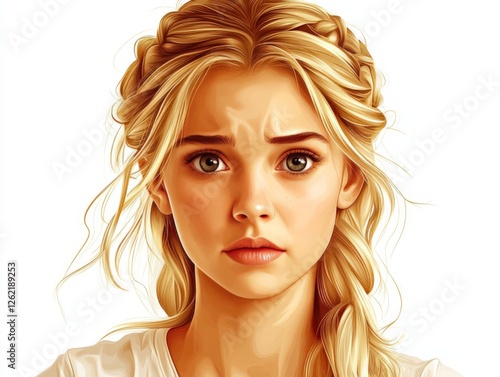 Expressive portrait of a young woman with blonde hair and distressed expression, showcasing raw emotion, vulnerability, and artistic beauty in a high contrast modern aesthetic