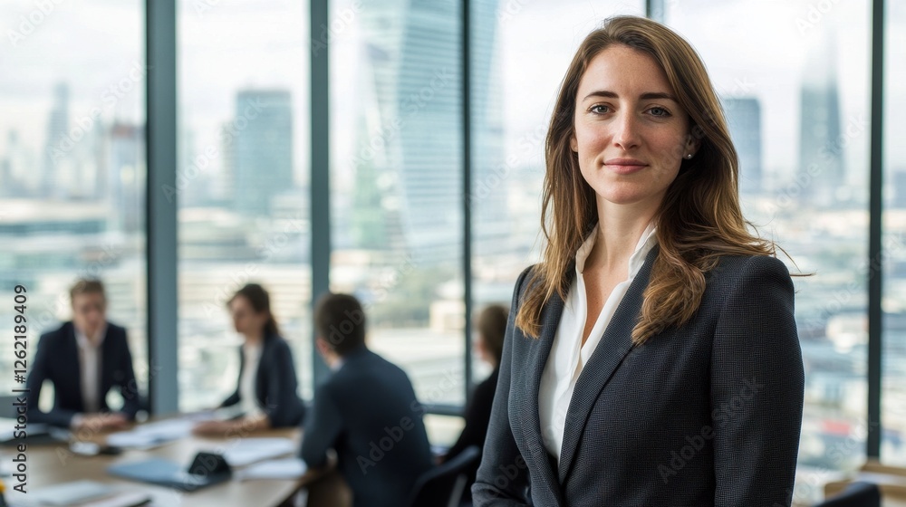 A confident European woman stands in a modern office, showcasing her tailored business attire. The scene reflects professionalism and ambition in a corporate environment. A confident European woman stands in a modern office, showcasing her tailored business attire. The scene reflects professionalism and ambition in a corporate environment.