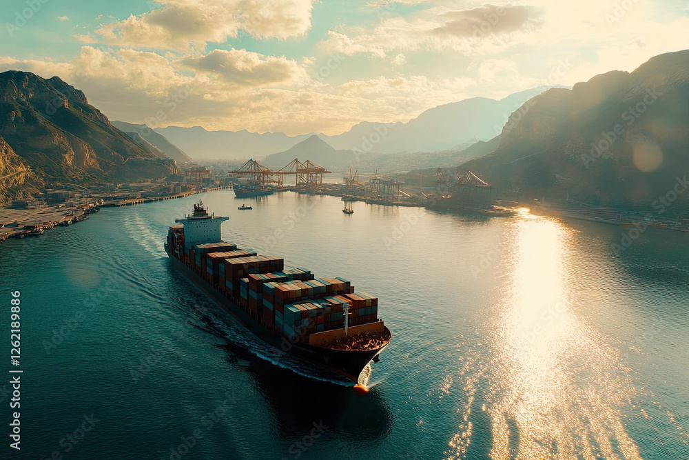 Fototapeta premium A large container ship sails through a picturesque harbor surrounded by majestic mountains at sunset