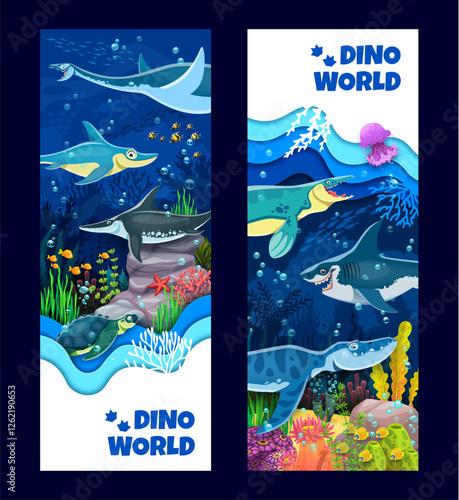 Cartoon prehistoric underwater dinosaur and reptile characters. Vector vertical banners with colorful oceanic scene. Ancient marine creatures, aquatic dino species swimming in a blue ocean environment photo