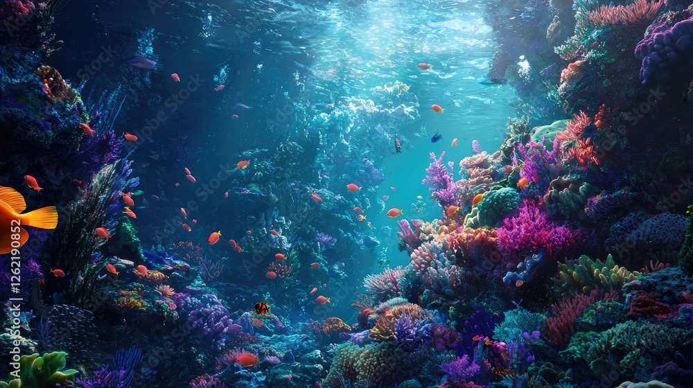 A vibrant coral reef teeming with tropical fish, colorful corals, and marine life. Sunlight filters through the crystal-clear ocean water. Generative AI. A vibrant coral reef teeming with tropical fish, colorful corals, and marine life. Sunlight filters through the crystal-clear ocean water. Generative AI.