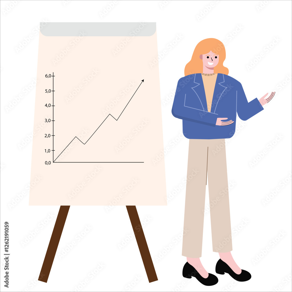 woman shows statistics data that is rising with arrow pointing up. Profit is increasing and sales analysis. Successful sales business concept. Flat design vector illustration isolated on white backgro woman shows statistics data that is rising with arrow pointing up. Profit is increasing and sales analysis. Successful sales business concept. Flat design vector illustration isolated on white backgro