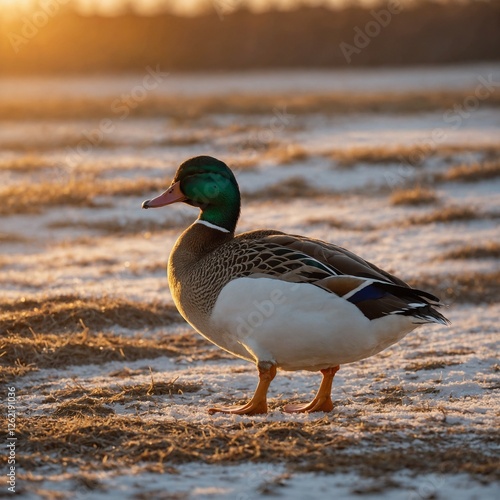 A warm sunset-colored duck walking across a soft white field.